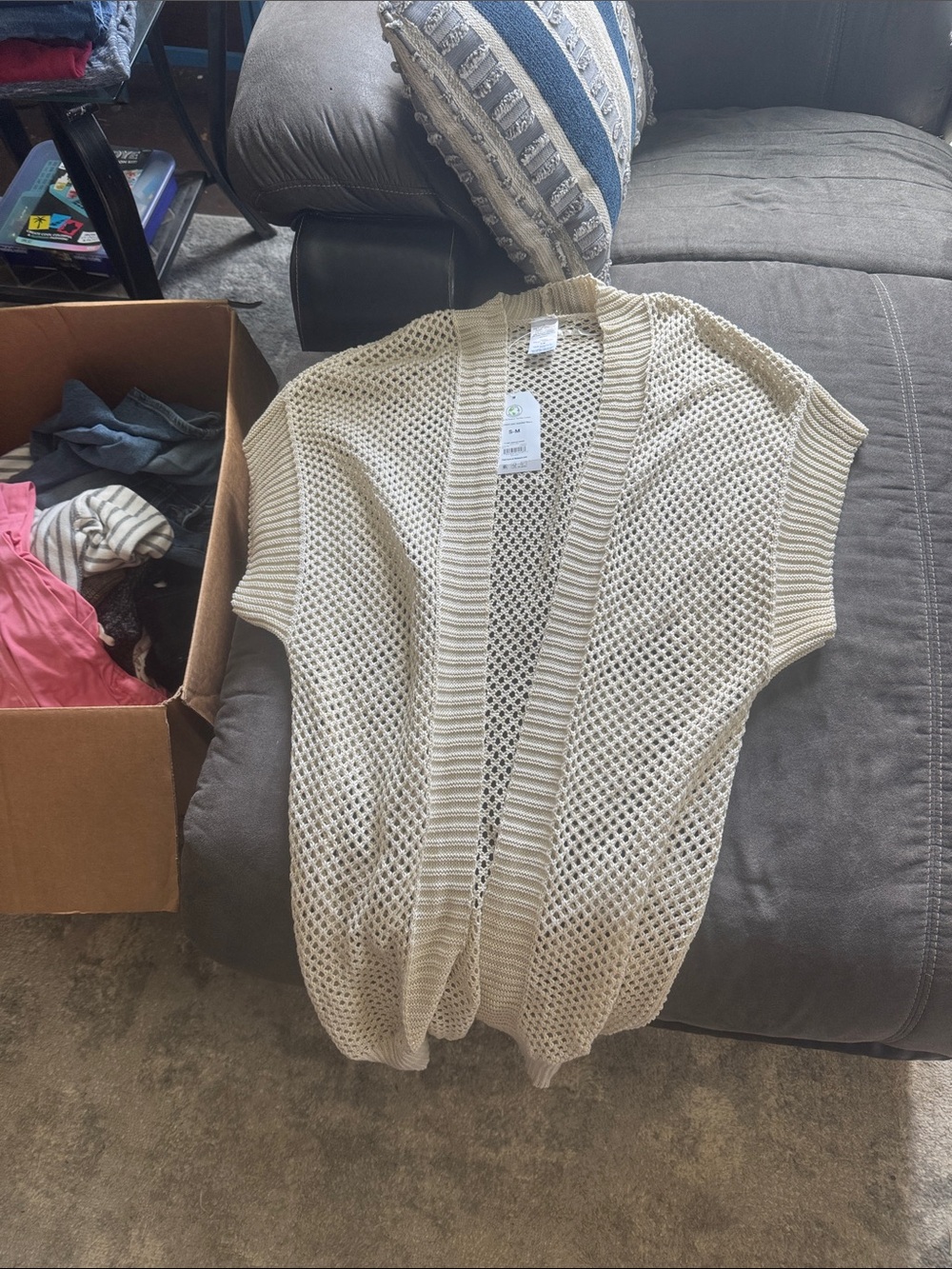 Time and Tru Open-Knit Short-Sleeve Cardigan - Cream